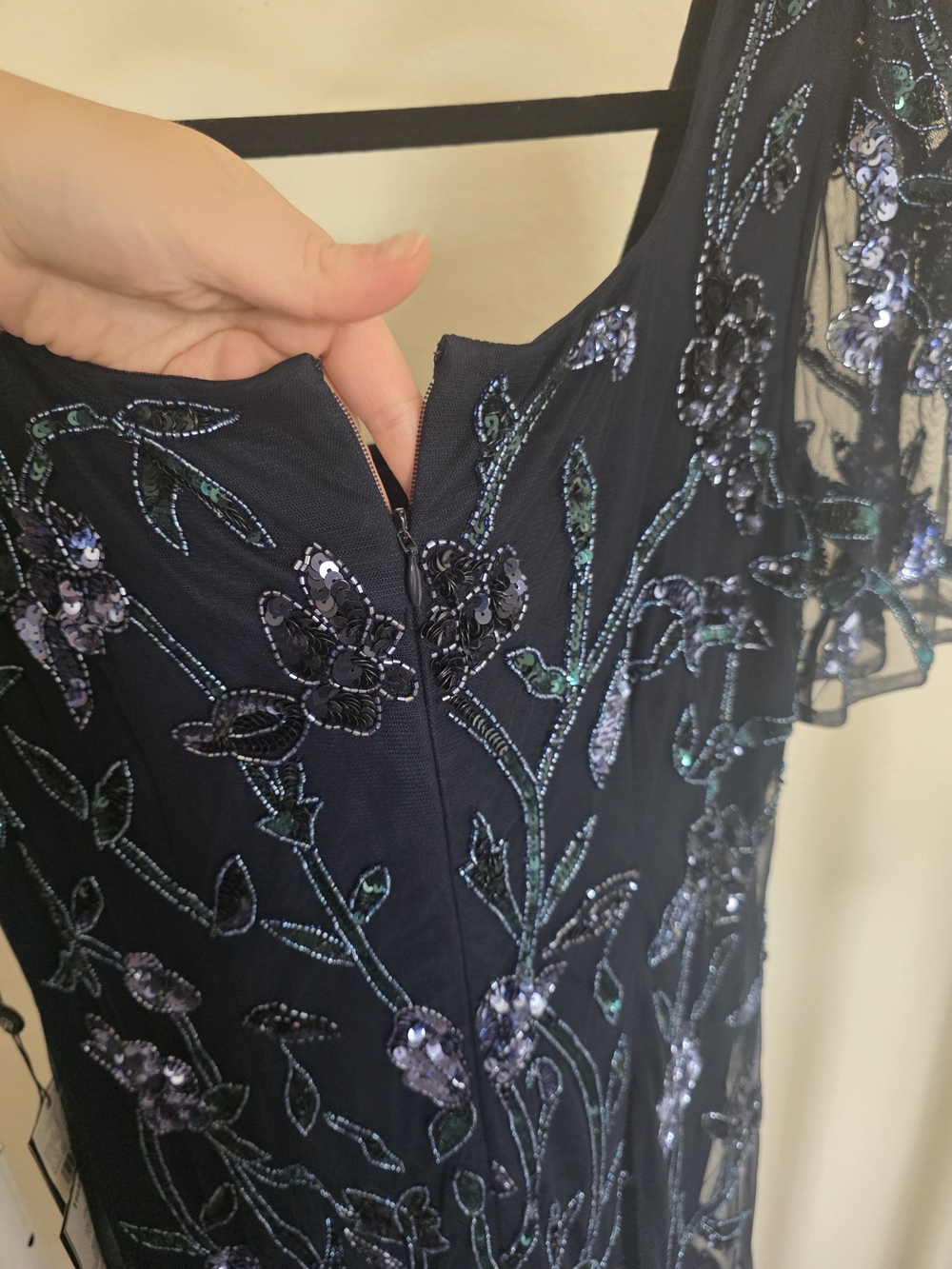 ADRIANNA PAPELL Dress Square Neck  Beaded Godet Gown In Midnight Size 14 Petite - Picture 10 of 10
